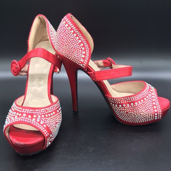 Womens Heels Heart in D Red Rhinestone Stilettos size 7.5 - Picture 4 of 12